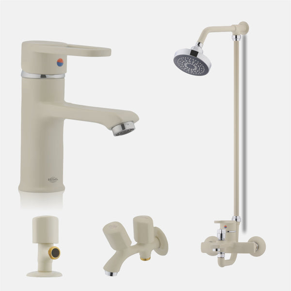 Super Every Lever Bath Set complete bathroom fitting set with ivory matte basin mixer, round wall shower, T cock, and double cock for modern bathrooms.