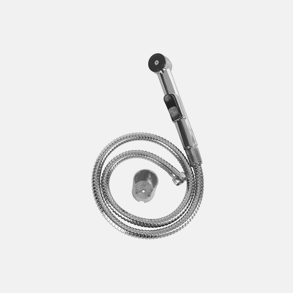 Handheld toilet shower set with polished chrome finish, flexible stainless steel hose, wall holder, and ergonomic bidet spray for modern bathrooms