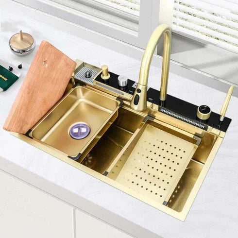 75x46 Golden Handmade Luxury Multifunction Kitchen Sink with Digital Display and Waterfall Design Without Tap
