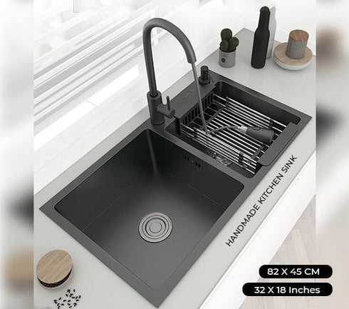 82 x 45 Black Double Kitchen Sink Without Tap