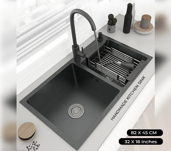 82 x 45 Black Double Kitchen Sink Without Tap
